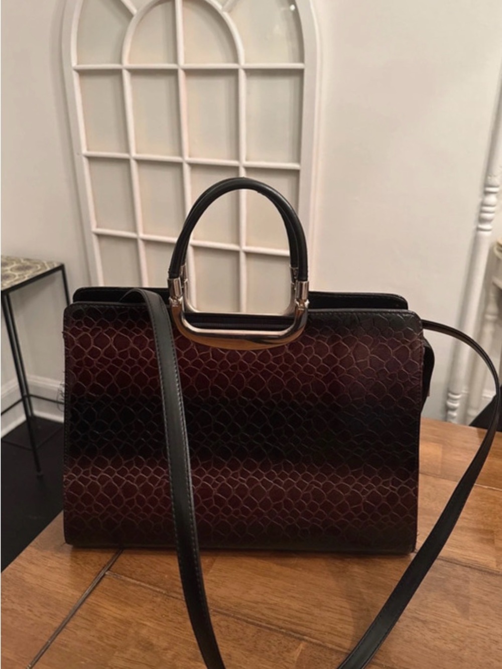Structured Alligator Top-Handle Satchel in Burgundy and Black